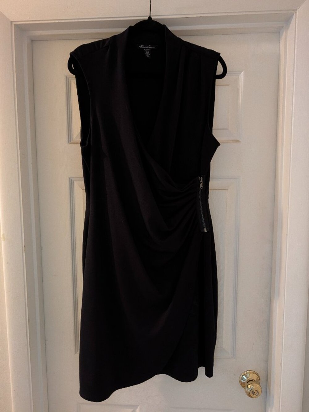 Kenneth Cole New York Black Sleeveless Faux Wrap Zipper Ruched Dress - Size XL
